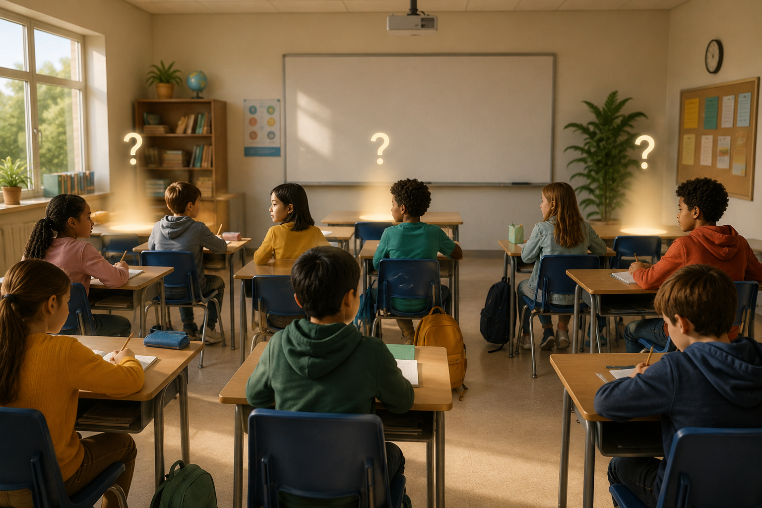 Classroom with children at desks and question marks above unknown exposure locations